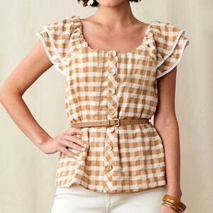 NWT Matilda Jane Women's Size Large Boho Top White Brown Gingham